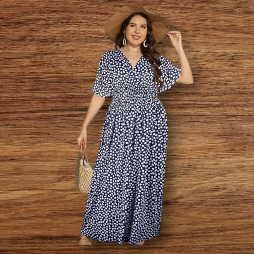 Ostoo Maxi Dark Navy Blue and Off White Dress with 3/4 Sleeves - NWT Size XL